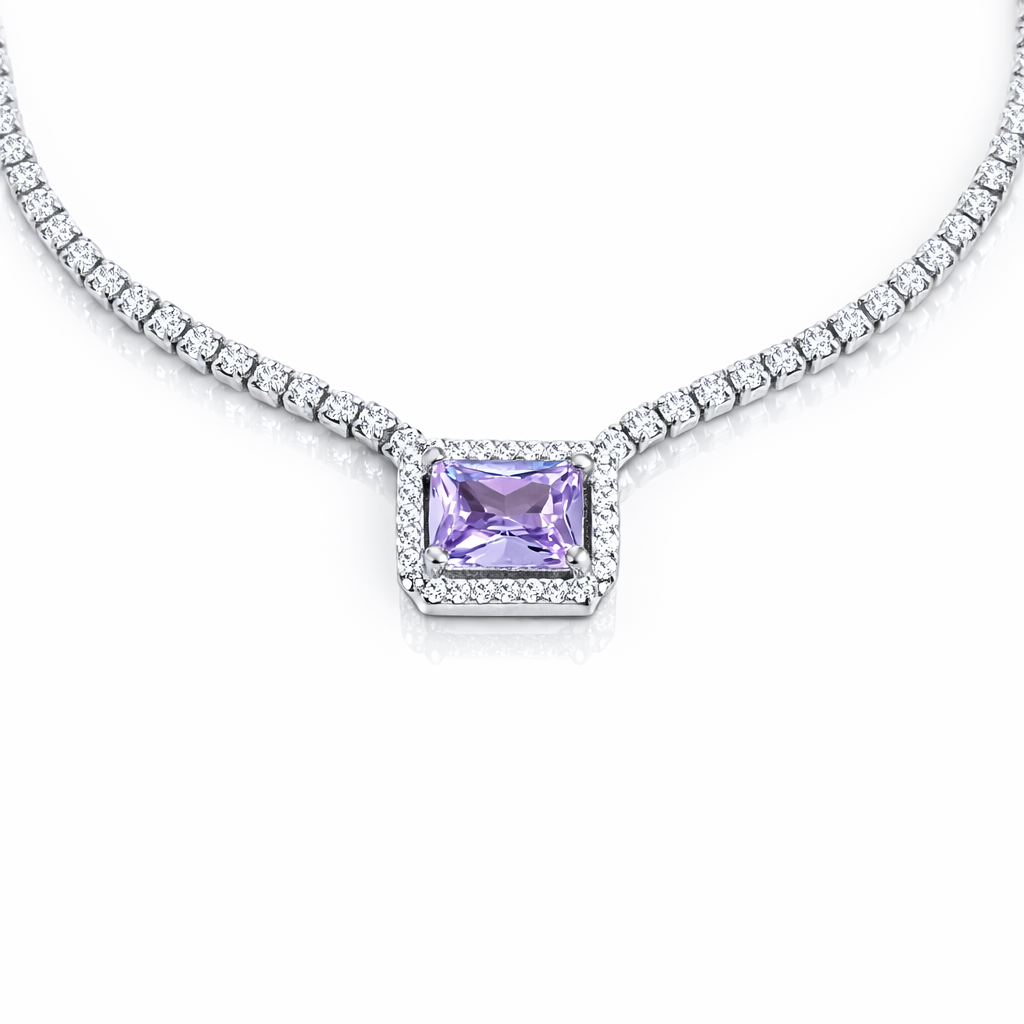 Colier tenis din argint 925 rodiat cu cristal violet, design elegant, lungime ajustabilă 44+3 cm