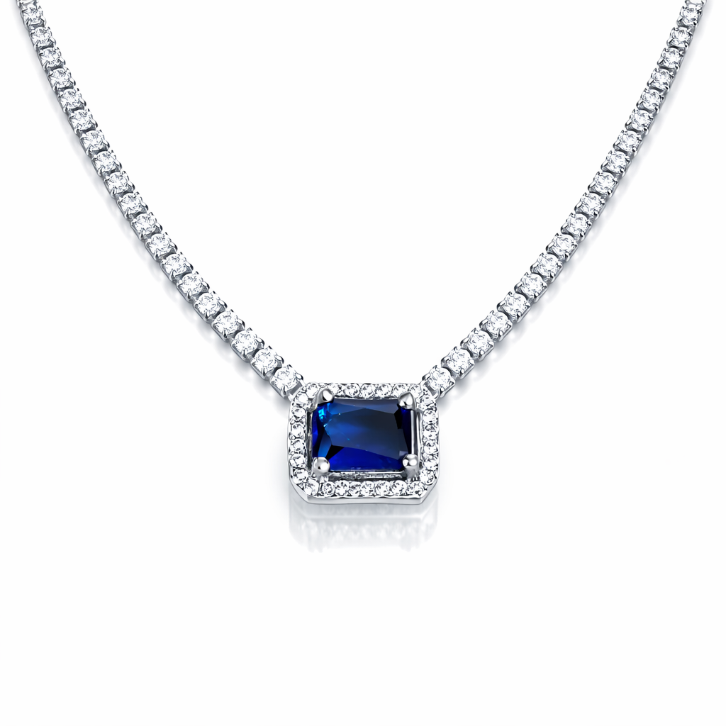 Colier tenis din argint 925 rodiat cu safir albastru, design elegant, bijuterie premium pentru femei