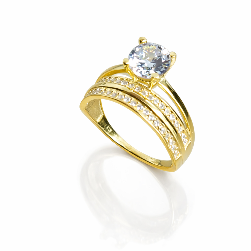 Inel argint 925 placat cu aur, piatră zirconiu strălucitoare, bijuterie feminină premium