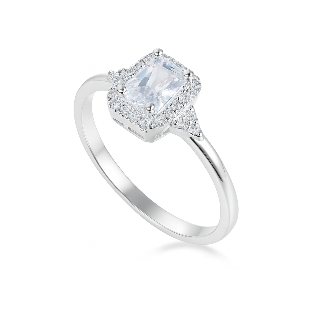 Inel de dama din argint 925, model Halo cu piatra rectangulara 6x4 mm, bijuterie premium cadou