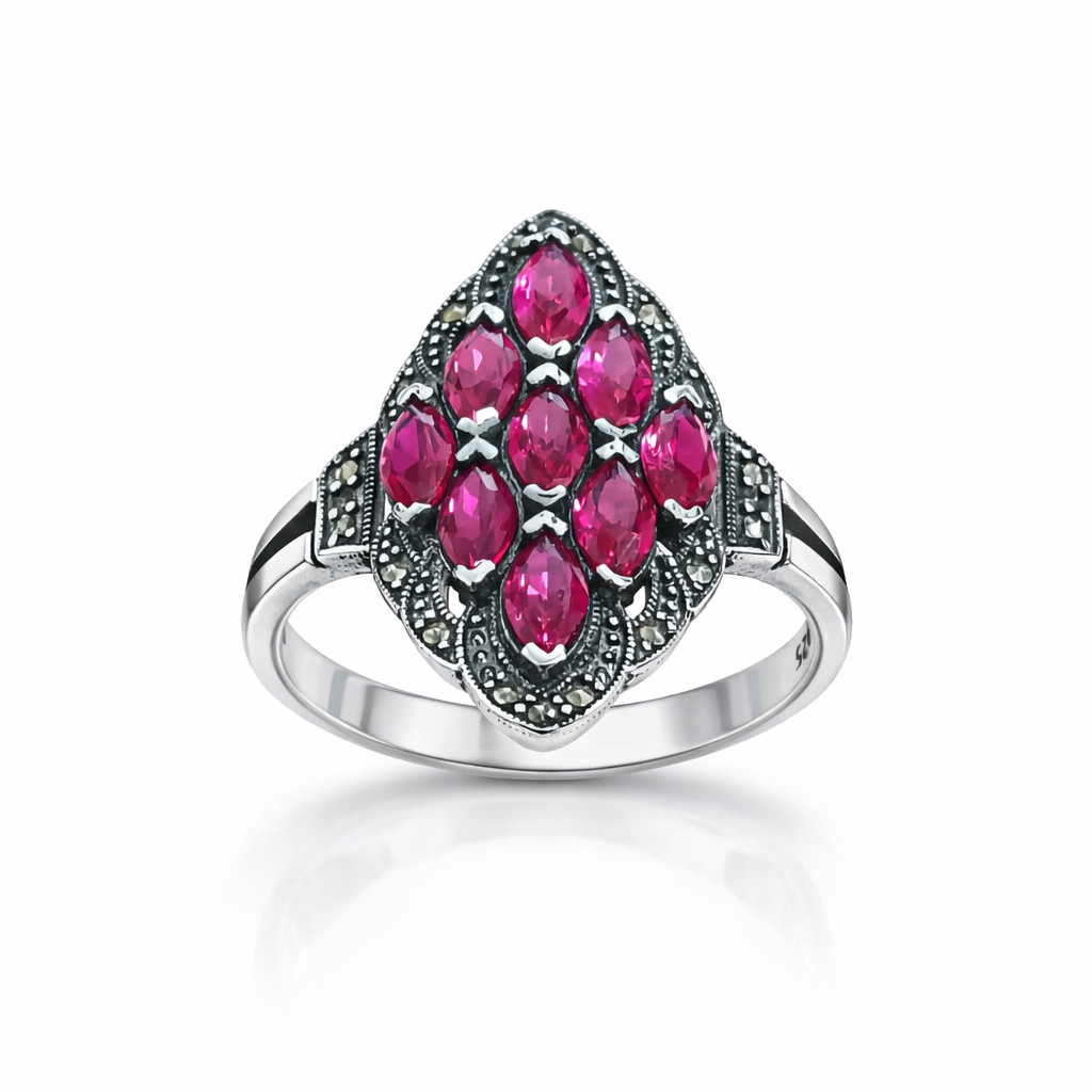 Inel din argint 925 cu marcasite și pietre roșu fucsia, design elegant vintage pentru femei