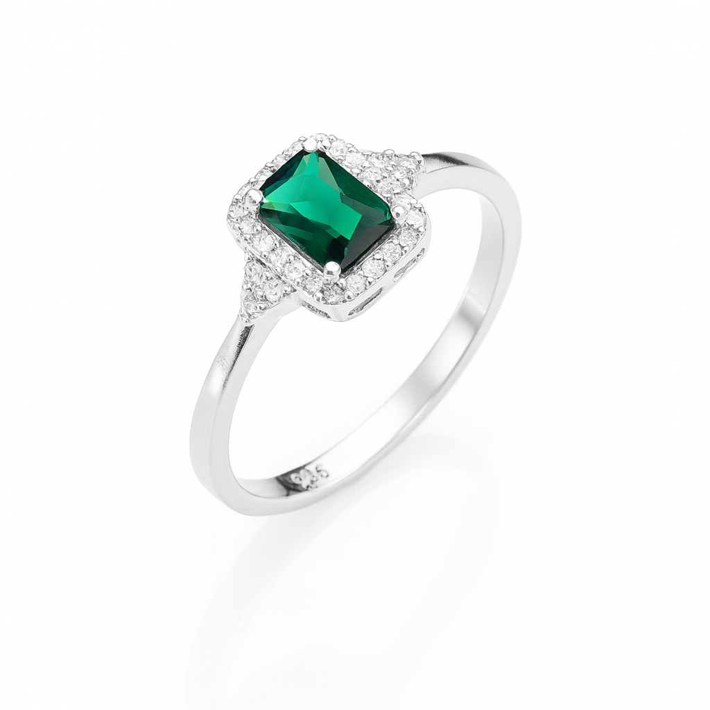 Inel din argint 925 cu piatră verde dreptunghiulară 4x6 mm, bijuterie elegantă pentru dame