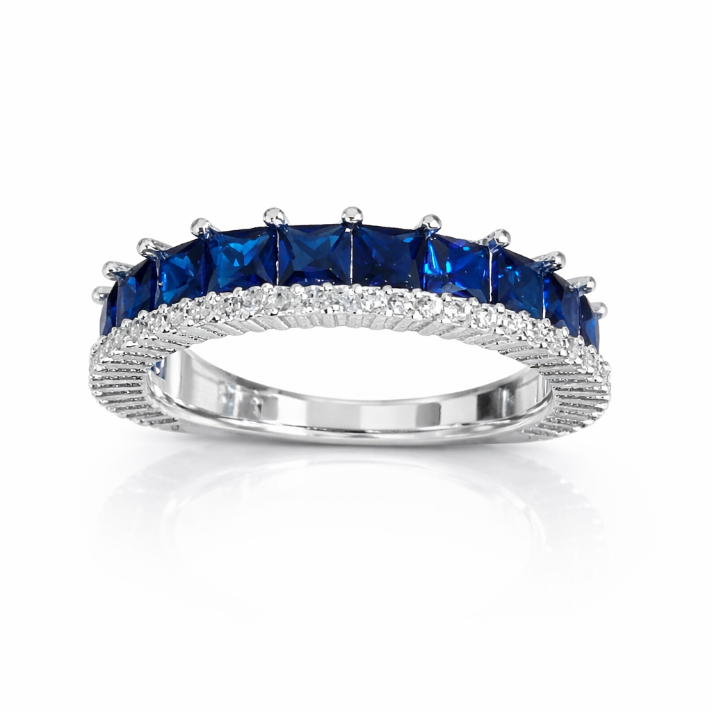 Inel din argint 925 cu pietre albastre tip safir și zirconii albe, design elegant, lățime 5 mm