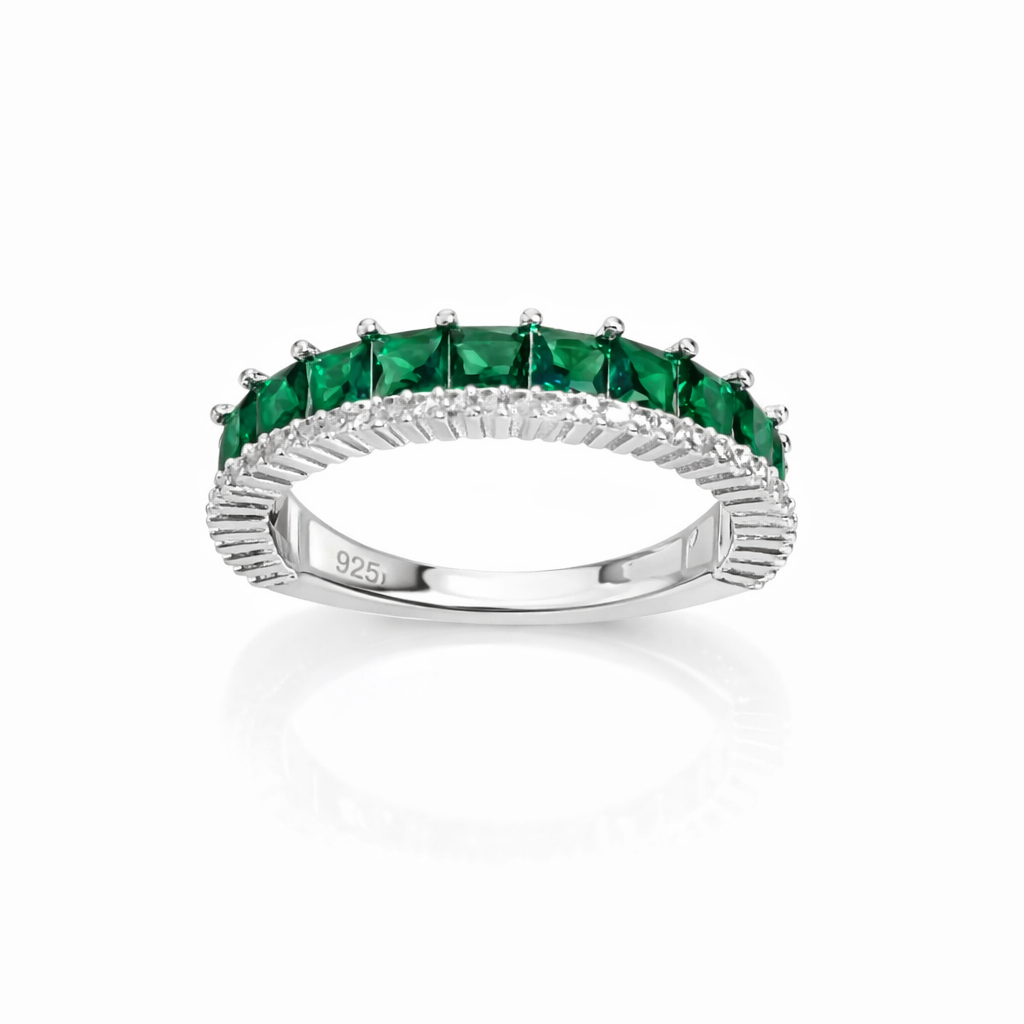Inel din argint 925 cu pietre verzi, design elegant tip eternity, lățime 5 mm