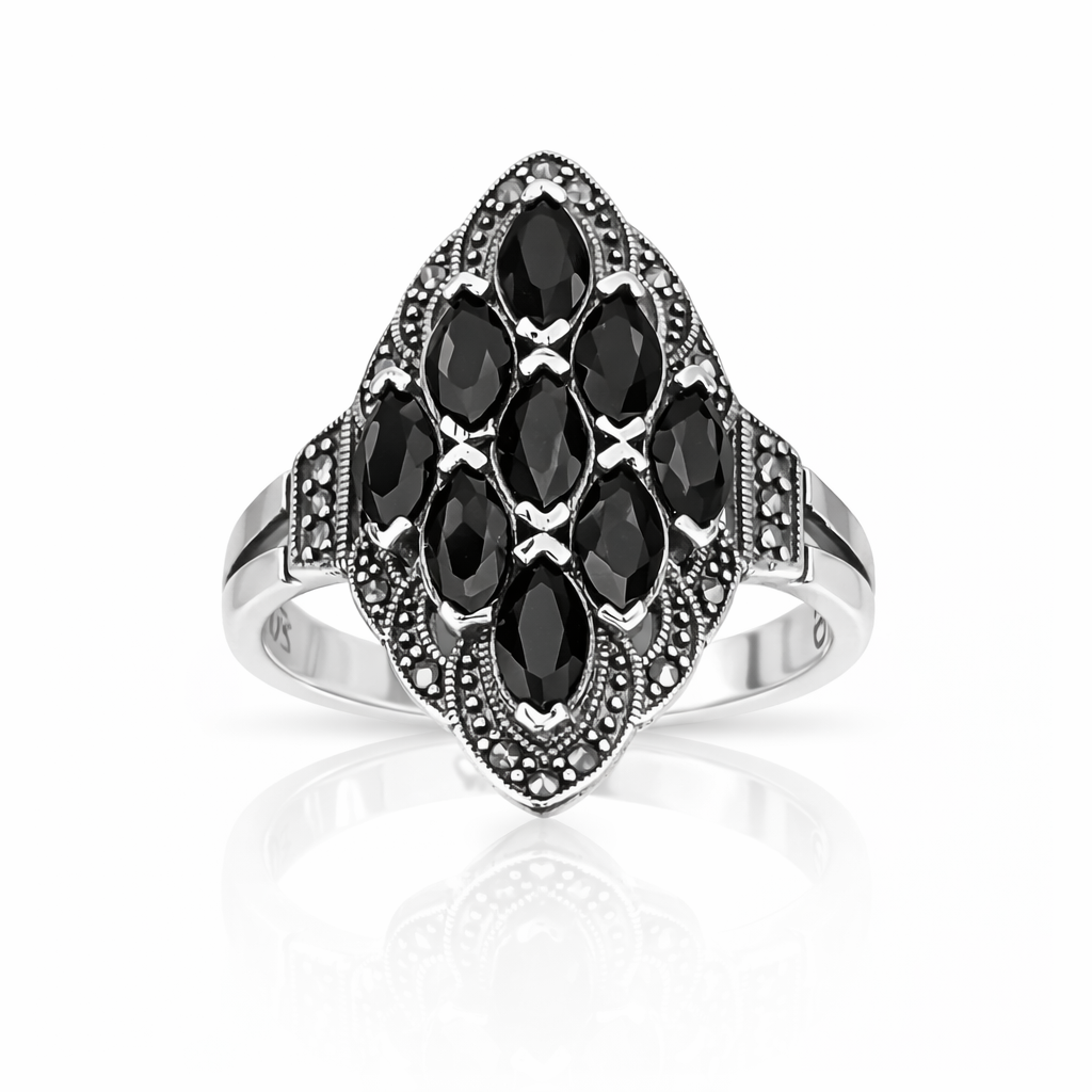 Inel statement din argint 925 cu onix negru fațetat și marcasite naturale