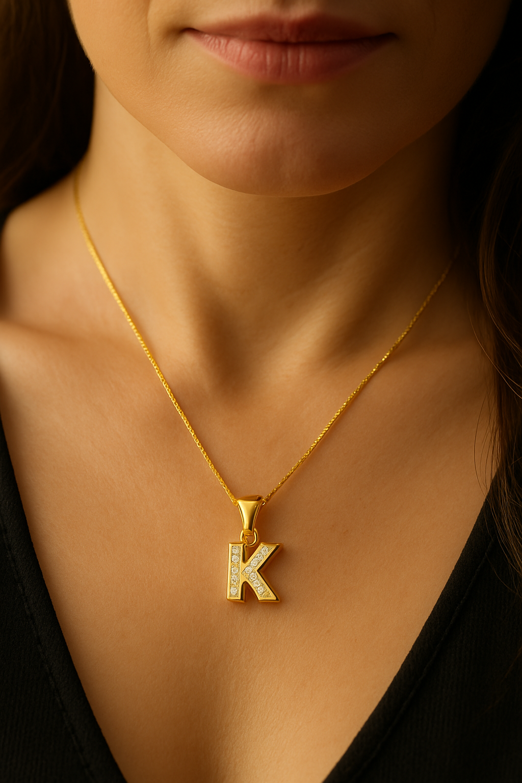 Lantisor auriu initiala K cu zirconii pe gat