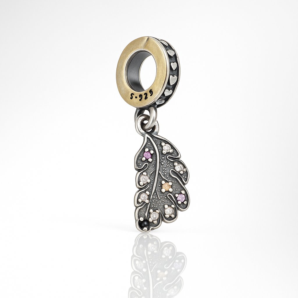 Talisman din argint 925 în formă de frunză cu cristale colorate, charm compatibil Pandora, bijuterie rafinată cu certificat de conformitate.