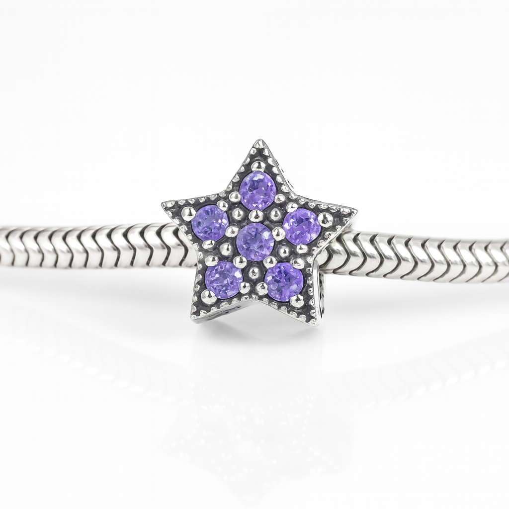 Talisman stea din argint 925 cu pietre zirconiu mov, accesoriu pentru brățări tip Pandora