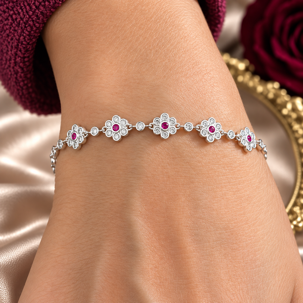 Brățară „Rubina Floris” din Argint 925 cu Flori și Pietre Roșii – Zirconii Strălucitoare, 17+3 cm. BD383