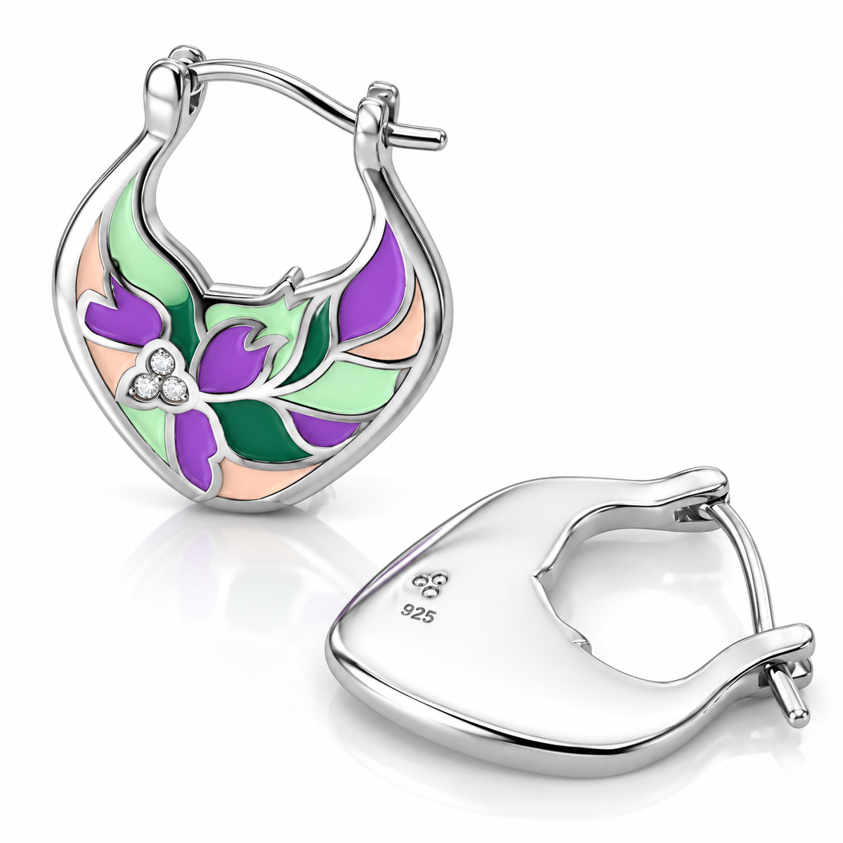 Cercei Damă din Argint 925 cu Email Floral Multicolor și Zirconii – Model Elegant Floare, Mov și Verde