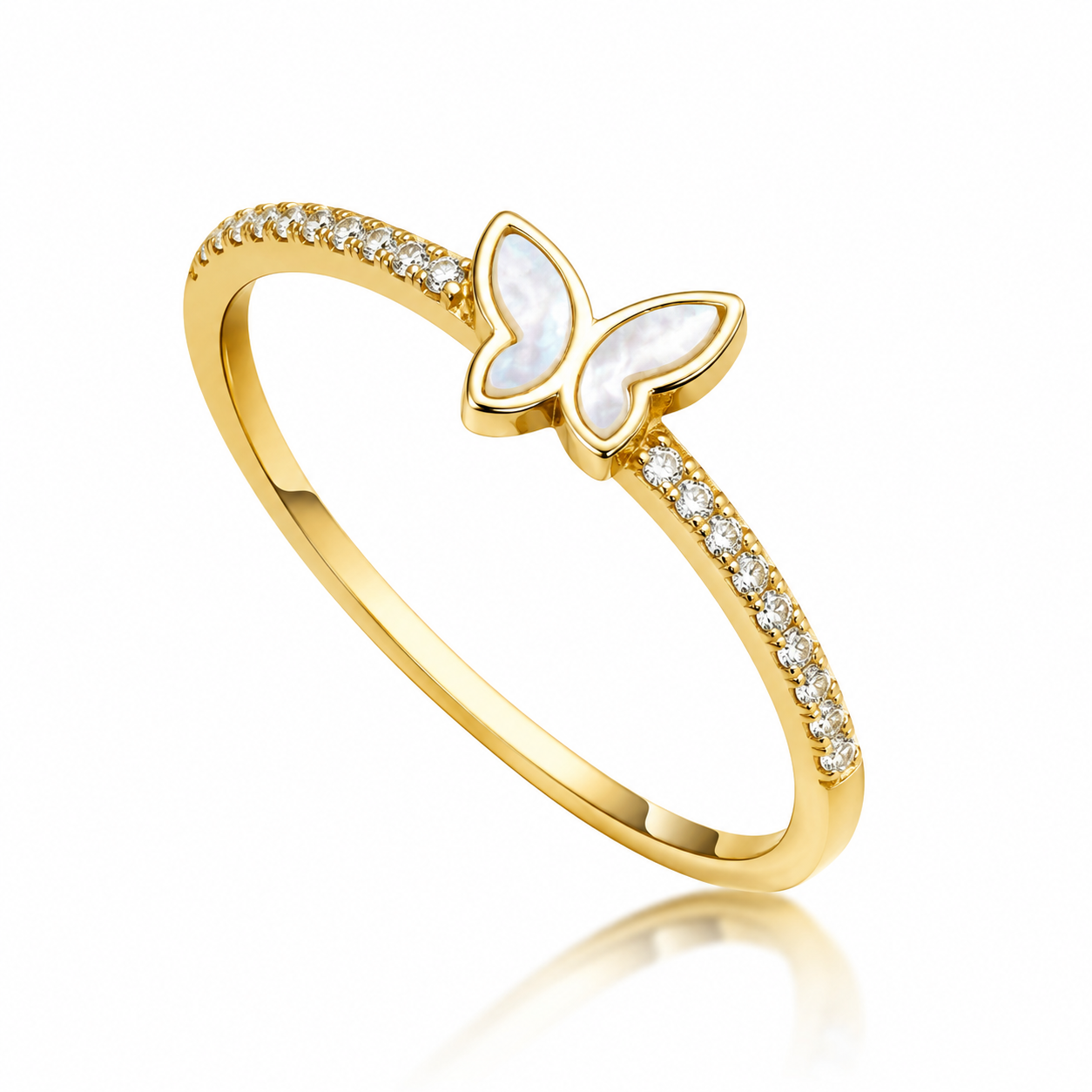 Inel Reglabil „Fluture de Sidef” din Argint 925 Placat cu Aur – Fluture cu Sidef Natural și Zirconii Strălucitoare ID528