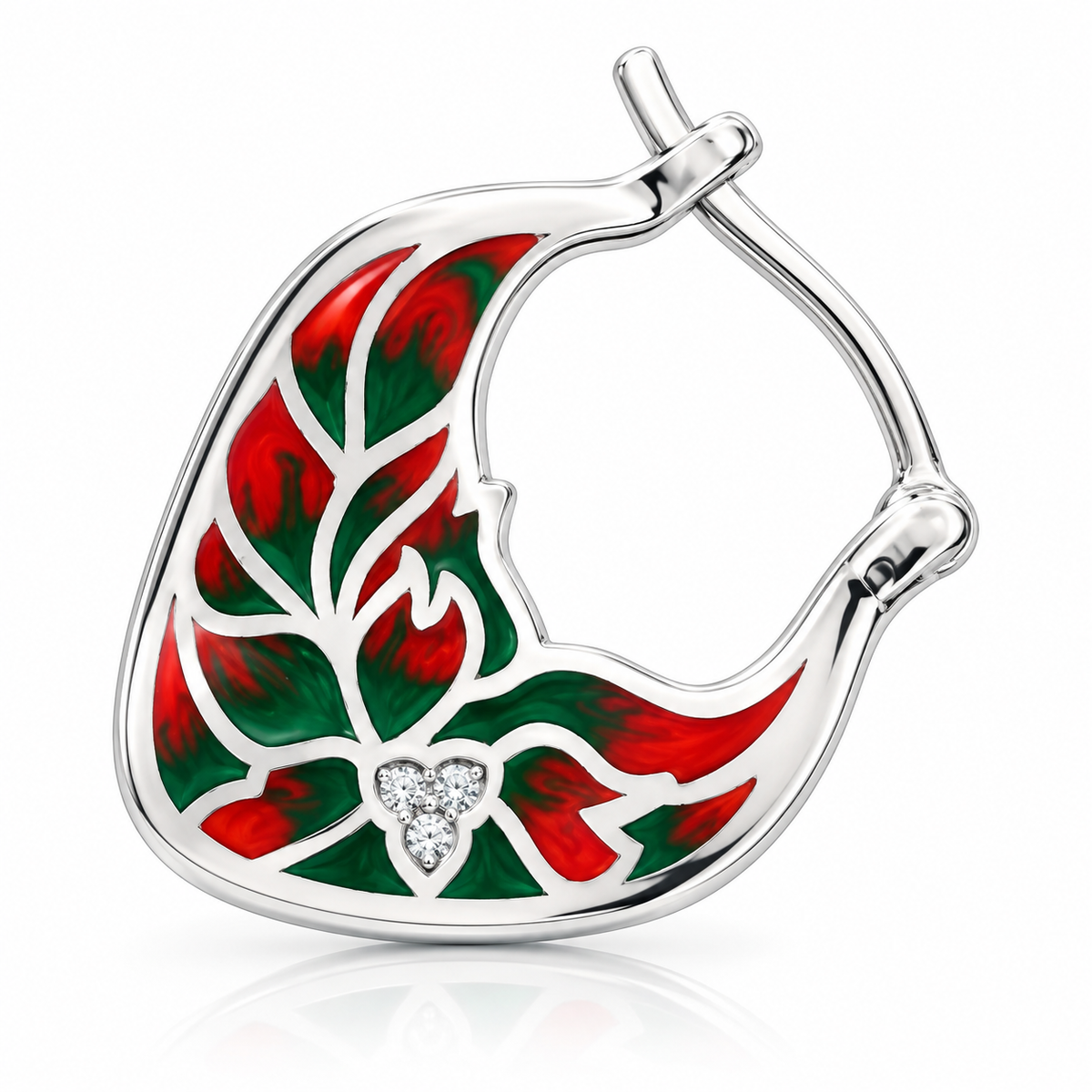 Cercei Damă din Argint 925 cu Email Roșu și Verde, Model Floral Tradițional și Zirconii – Eleganță cu Personalitate