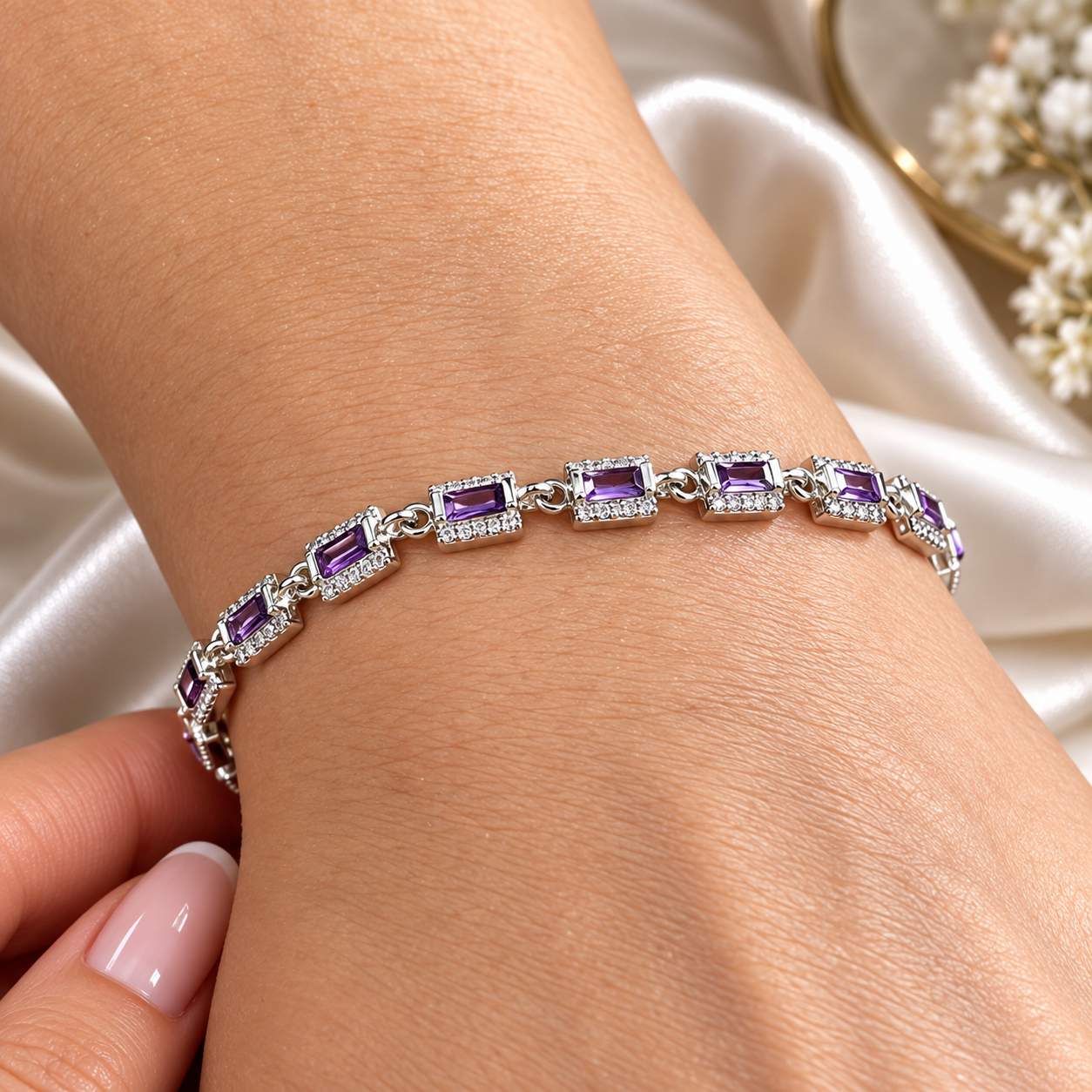 Brățară Damă „Amethyst Royale” din Argint 925 cu Pietre Mov Lavandă și Zirconii – 13 + 3 cm