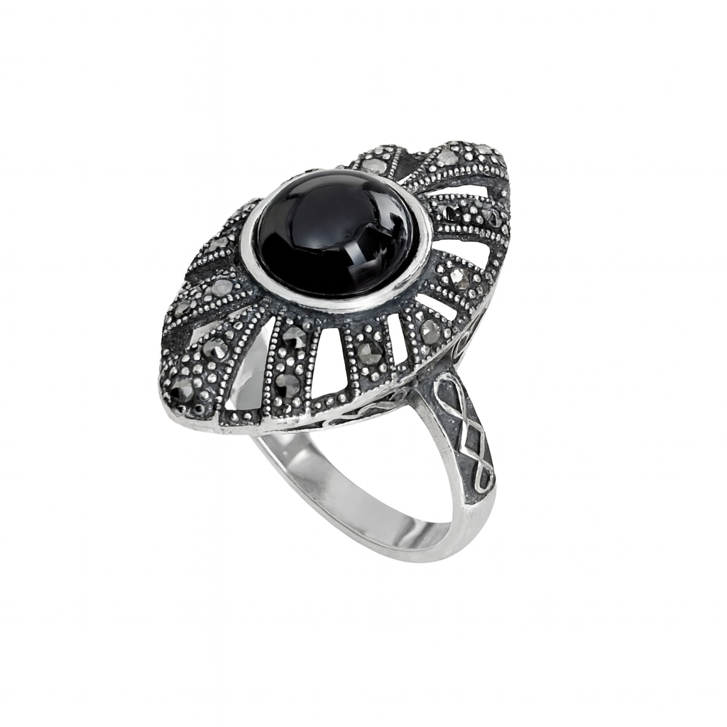 bijuterie argint cu onix negru și marcasite – inel lucrat fin, 4.33 grame