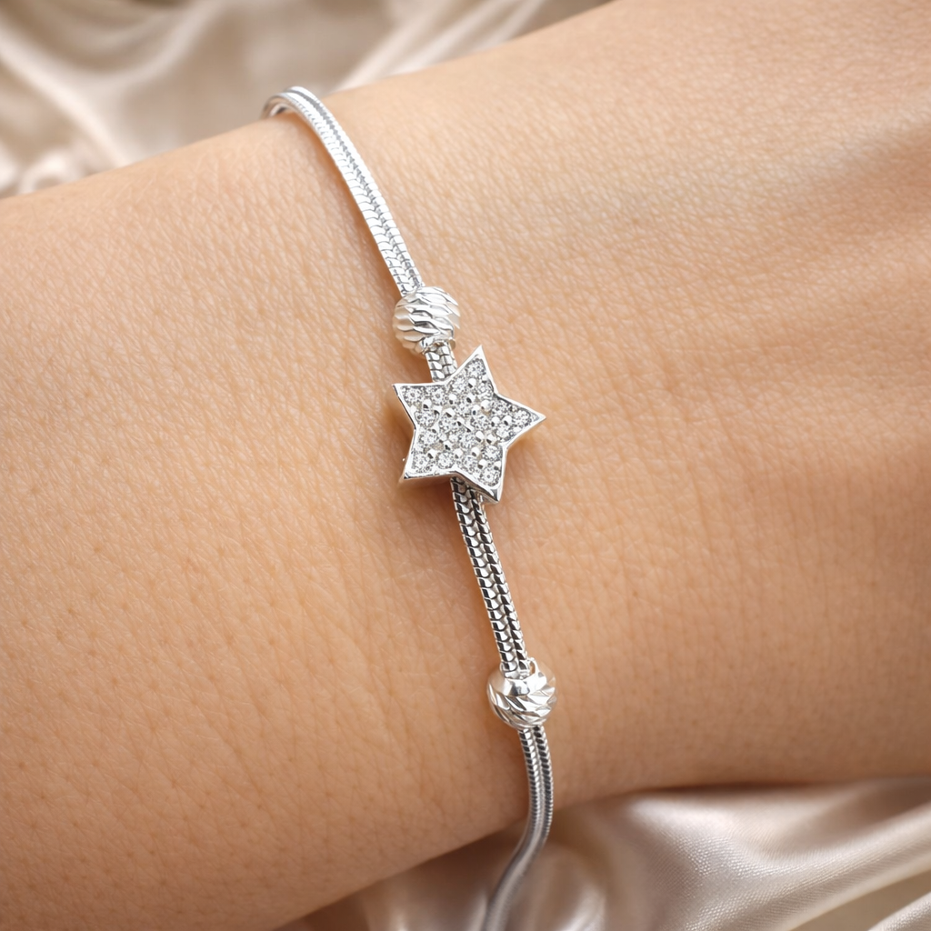 bratara dama argint 925 tip snake cu charm stea stralucitoare, bijuterie fina cu finisaj lucios