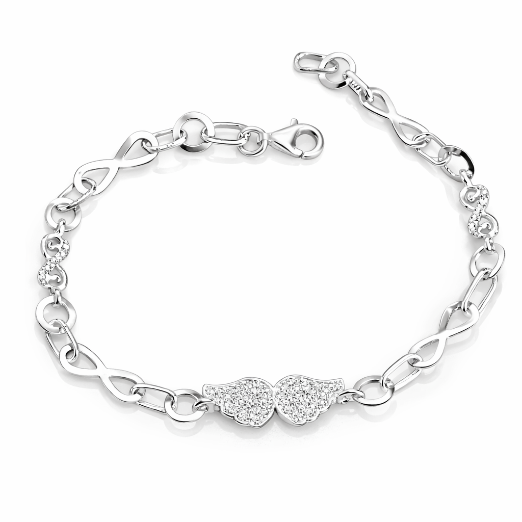 bratara din argint 925 cu aripi de inger si simbol infinit, design elegant pe fundal alb