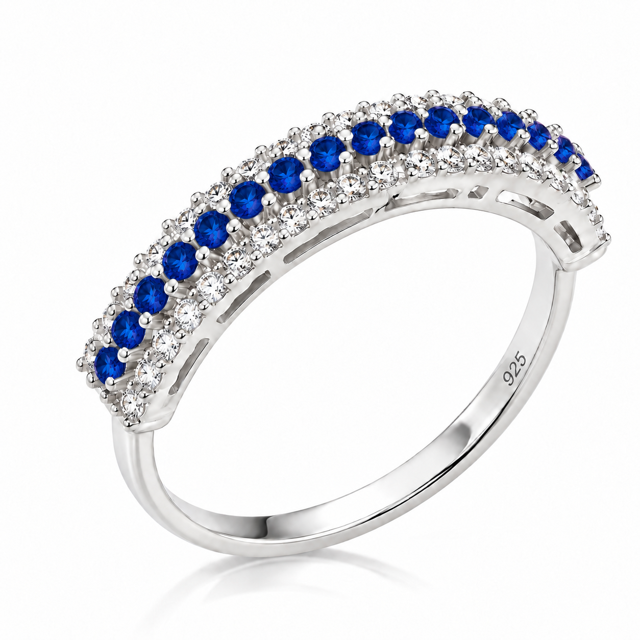 Inel din Argint 925 Royal Blue Eternity – Zirconii Albastre Regale și Albe, Design Elegant cu Trei Rânduri