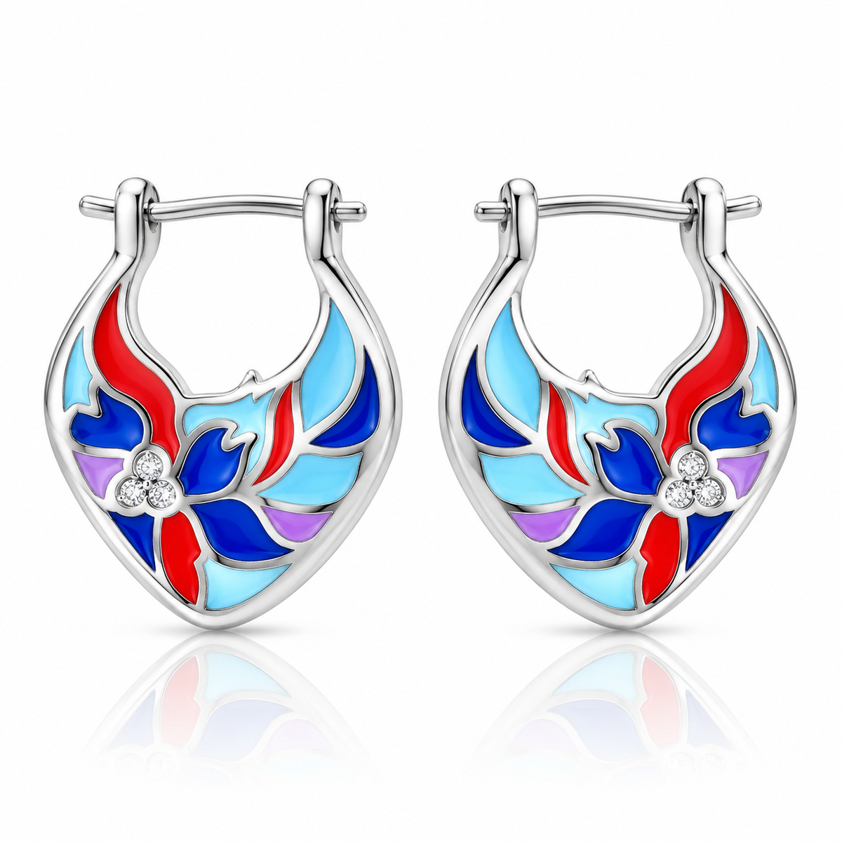 Cercei Damă din Argint 925 „Floare de Lumină” cu Email Multicolor și Zirconii – Tortiță 13,10 mm, 6,70 g