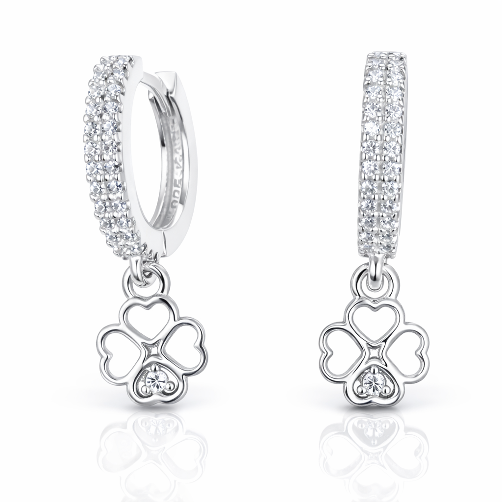 cercei huggie din argint 925 cu charm trifoi norocos, bijuterii cadou femei
