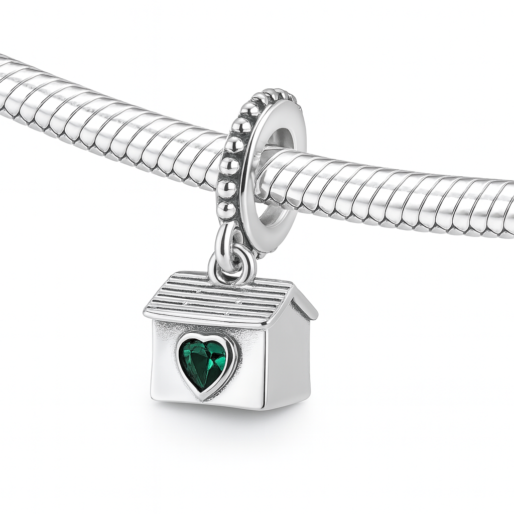 charm casa din argint cu inima verde bijuterie pentru bratari tip Pandora