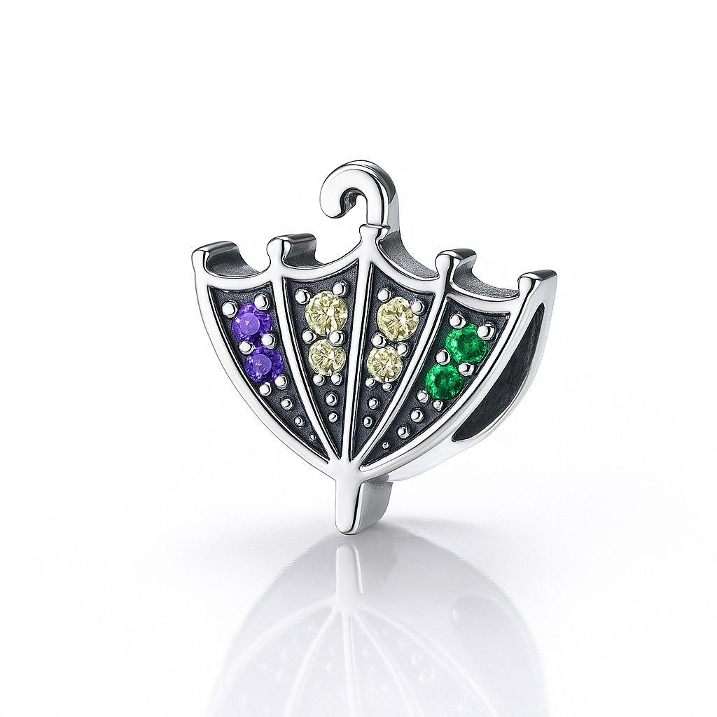 charm umbrelă strălucitor din argint 925 cu detalii fine și pietre verzi, roz, mov, alb – InfinityBijoux