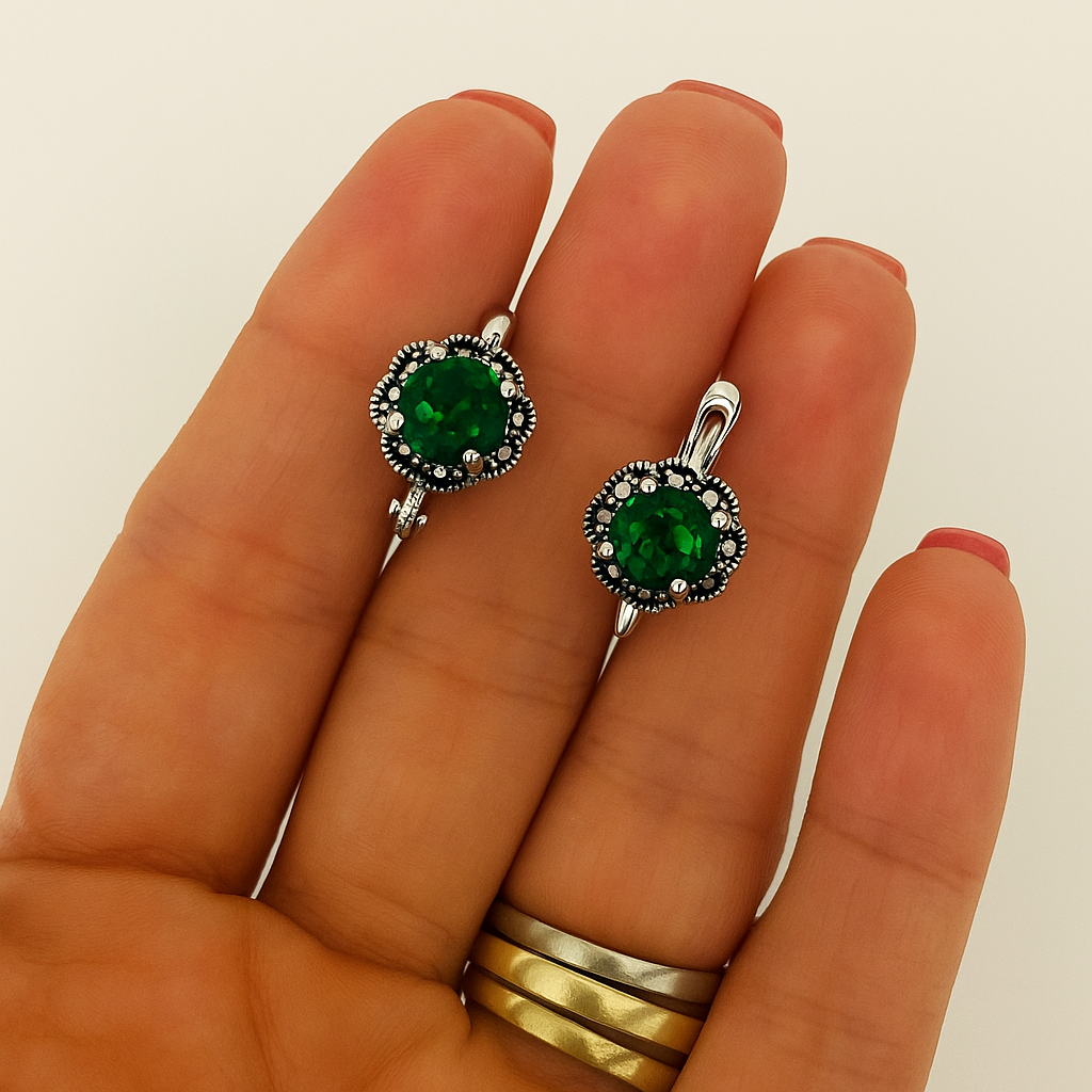 Cercei argint 925 piatra verde smarald marcasite