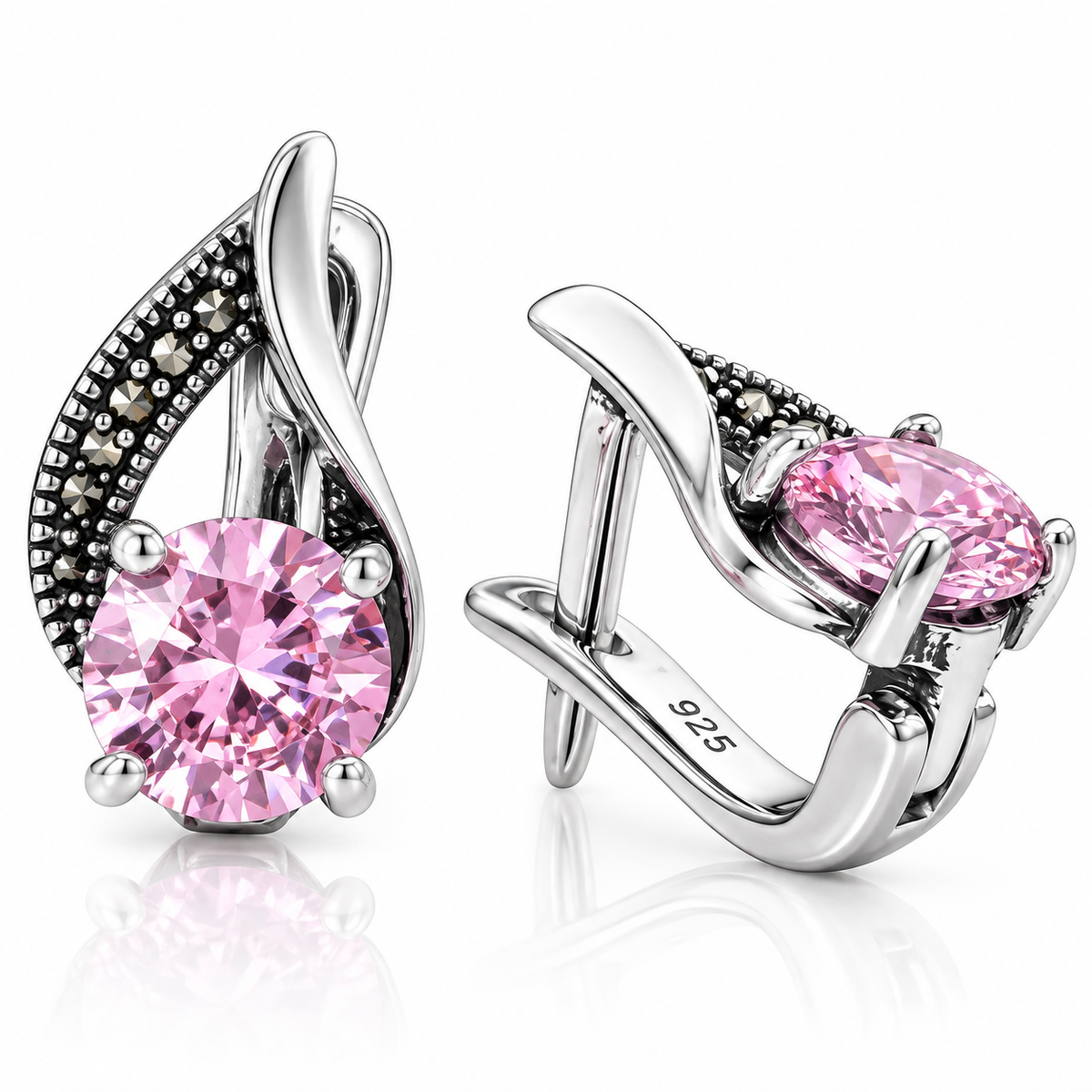 Cercei din Argint 925 Rozalia cu Piatră Roz și Marcasite – Eleganță Romantică