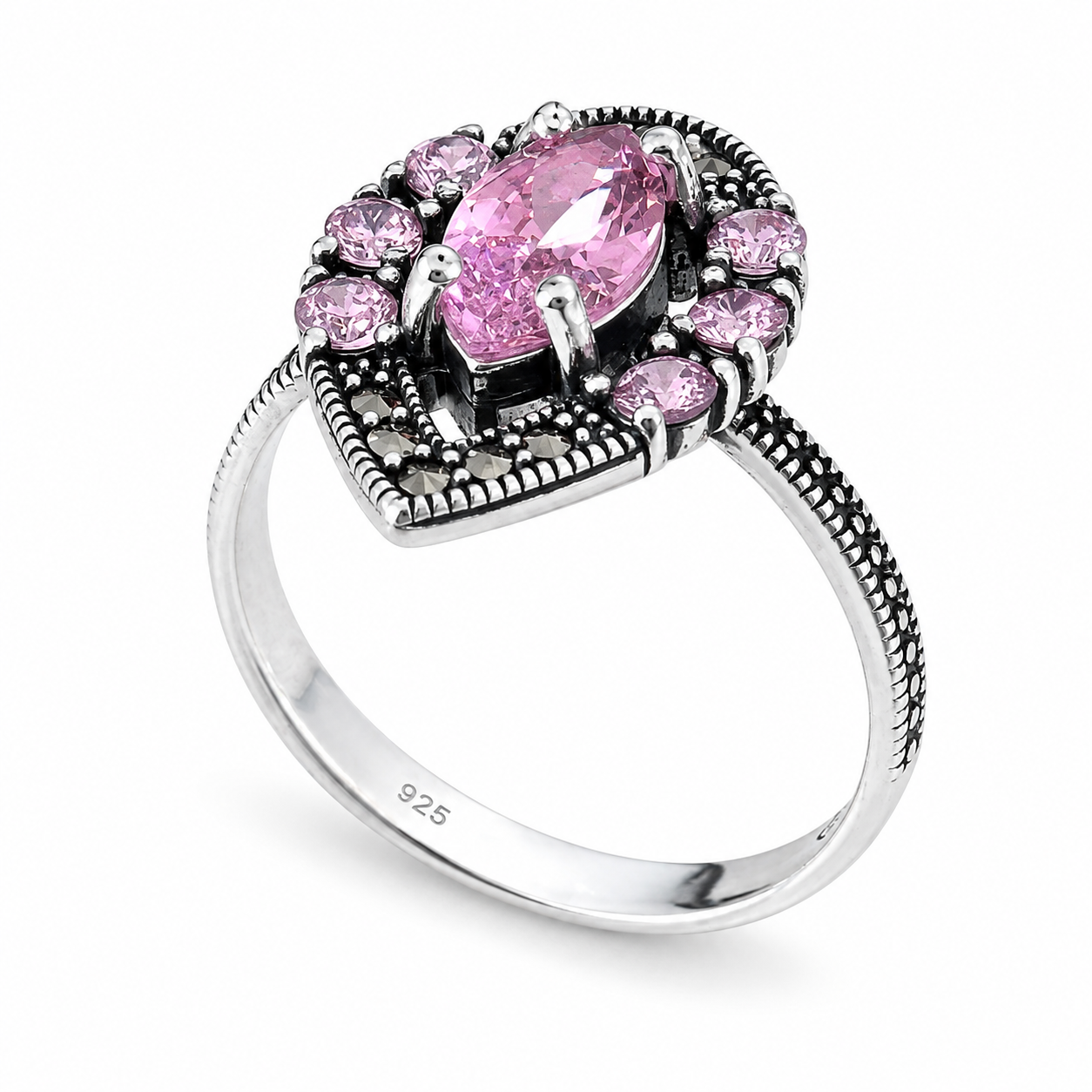 Inel „Rosalia” din Argint 925 cu Piatră Roz și Detalii Vintage – Eleganță Romantică și Rafinament