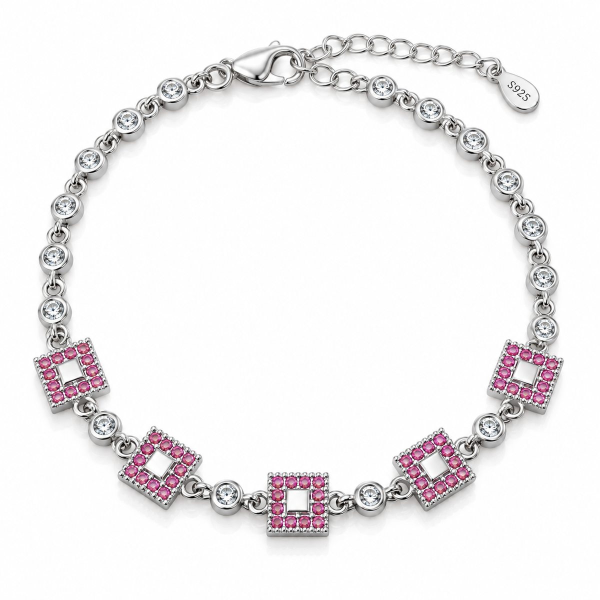 Brățară „Rozalia” din Argint 925 cu Zirconii Roz și Albe – Design Geometric Elegant, 16 + 4 cm