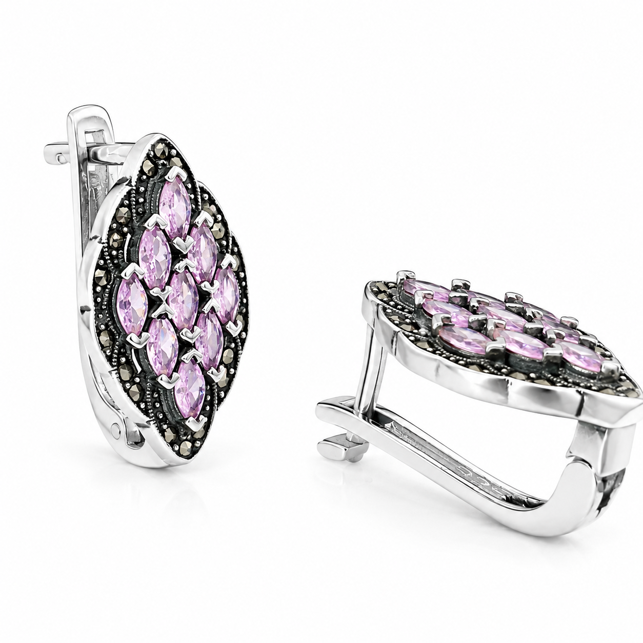 Cercei „Amethyst Royal” din Argint 925 cu Pietre Roz-Lila și Marcasite – Eleganță Vintage în Formă de Frunză