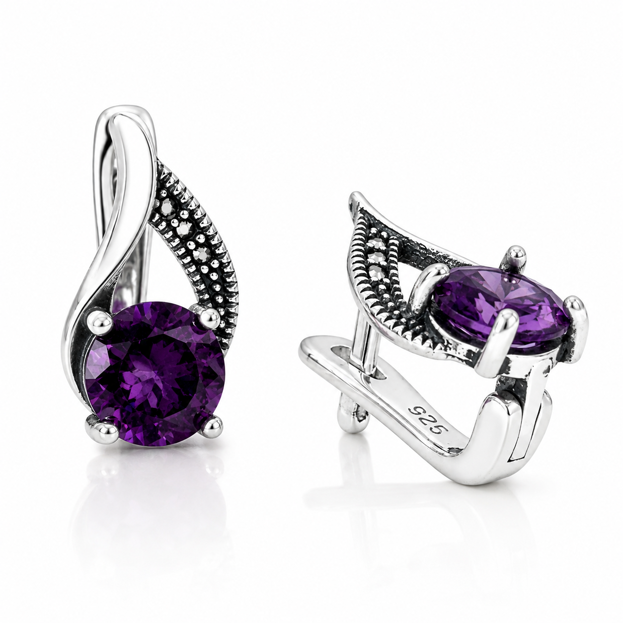 Cercei „Violet Imperial” din Argint 925 cu Piatră Mov și Marcasite – Eleganță Vintage