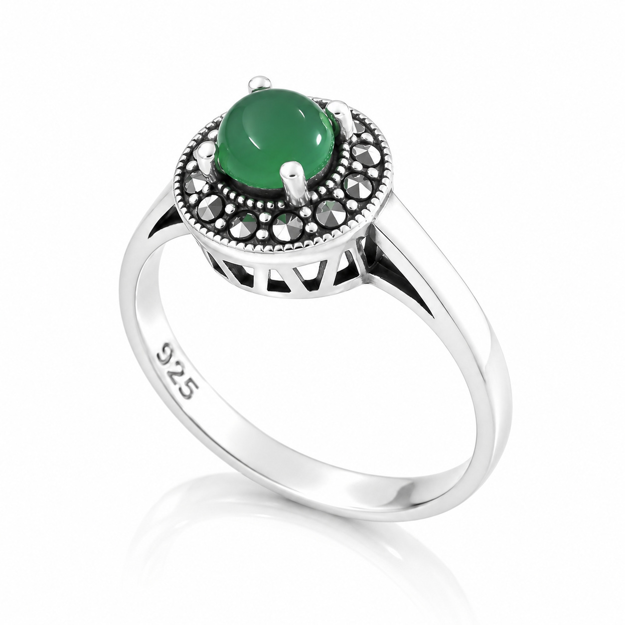 Inel „Smaraldia” din Argint 925 cu Piatră Verde și Marcasite – Design Vintage Elegant