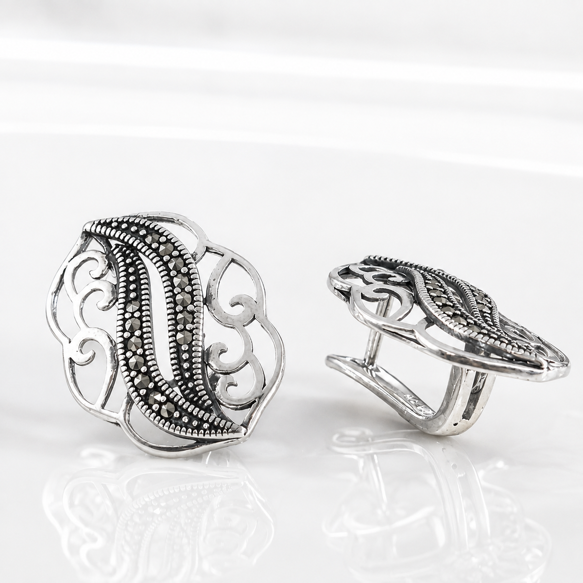 Cercei Damă din Argint 925 cu Marcasite „Elena” – Model Filigranat Vintage, 6,10 g. CD658