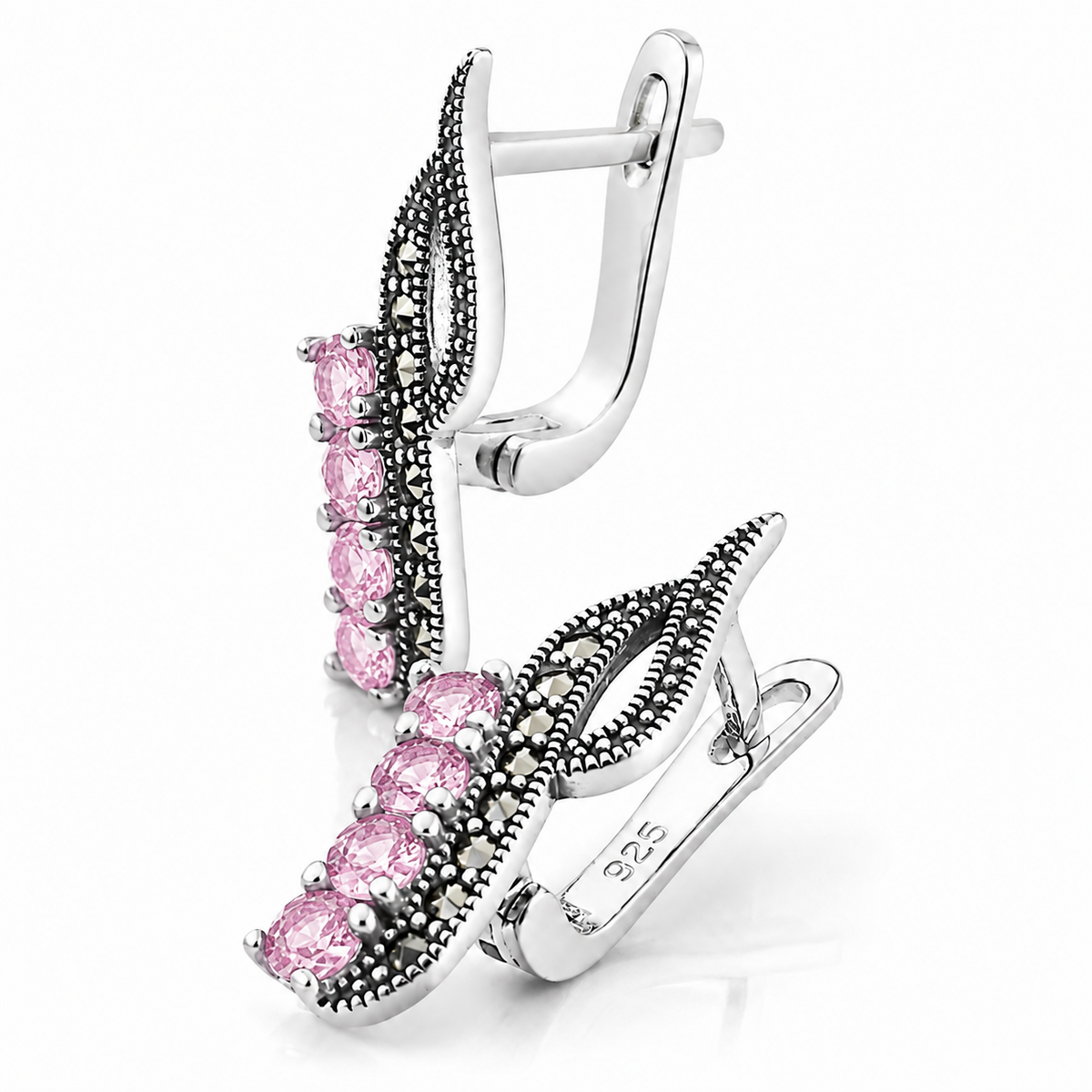 Cercei „Rozalia” din Argint 925 cu Pietre Roz și Marcasite – Eleganță Romantică Inspirată de Natură