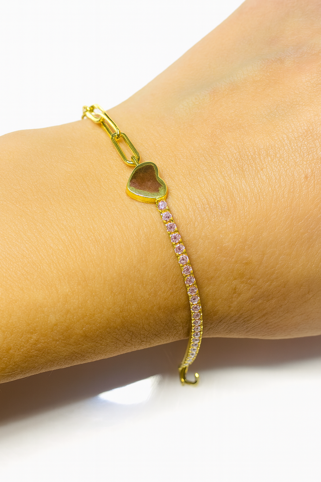 Bratara tenis argint placat cu aur 14k pietre roz