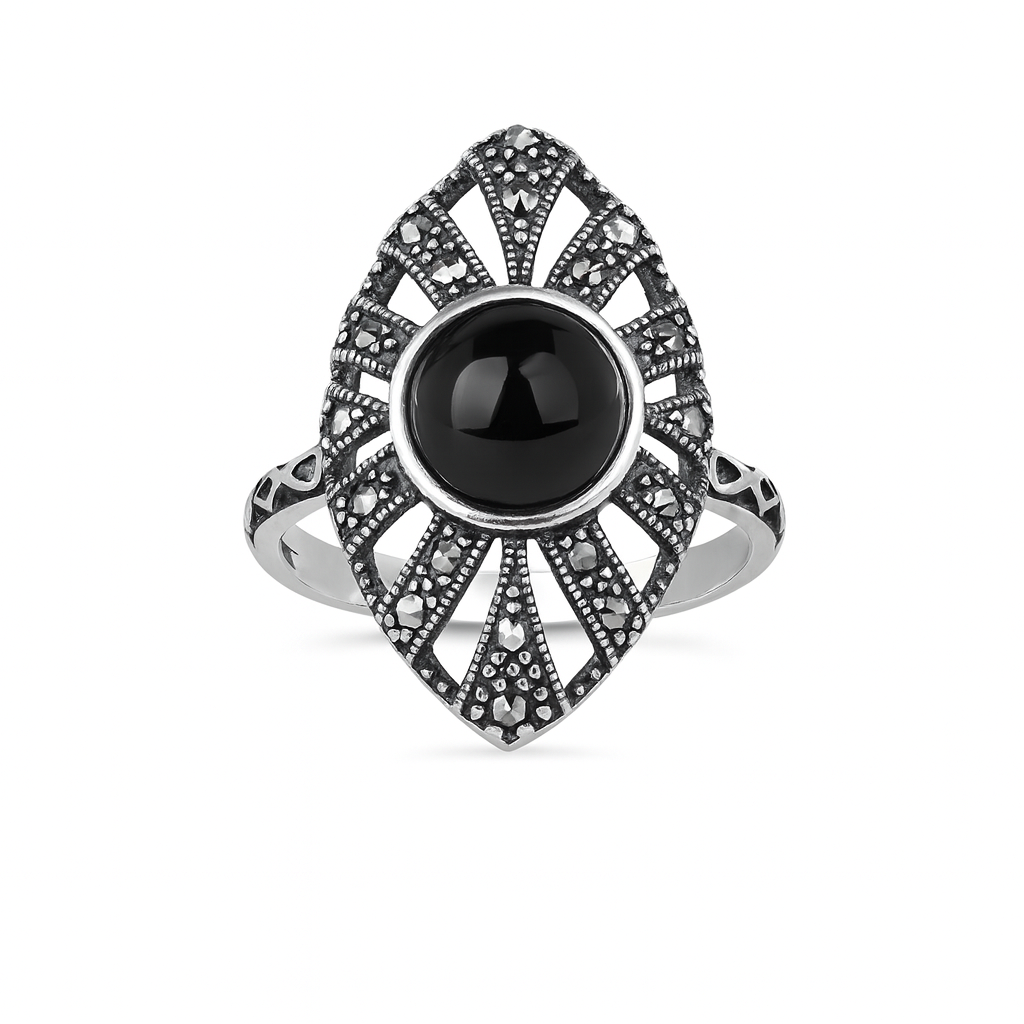 inel argint 925 cu design vintage și onix negru cabochon – bijuterie cadou