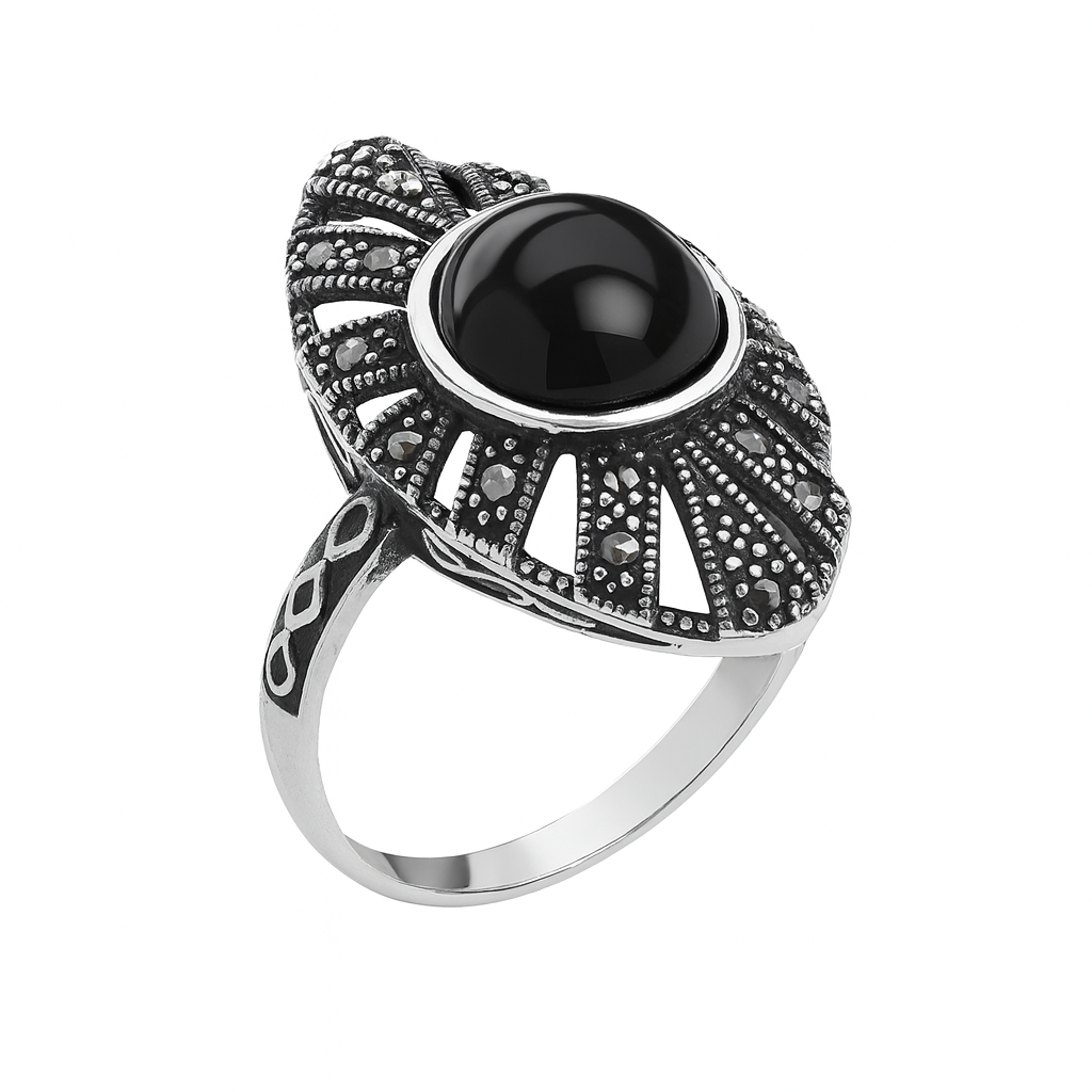 inel din argint 925 cu marcasite și onix negru pentru femei – model vintage elegant