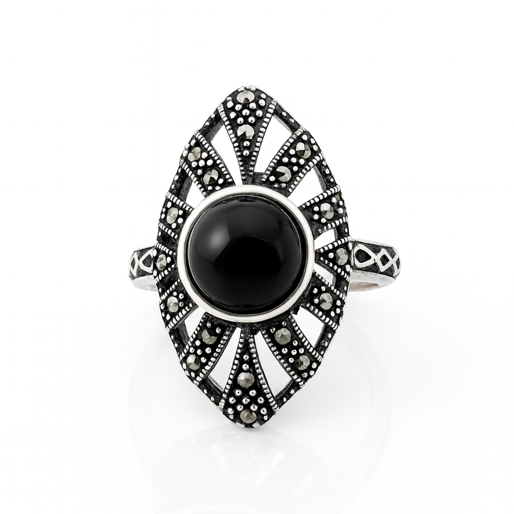 inel elegant din argint cu piatră onix negru și marcasite naturale – fotografie produs