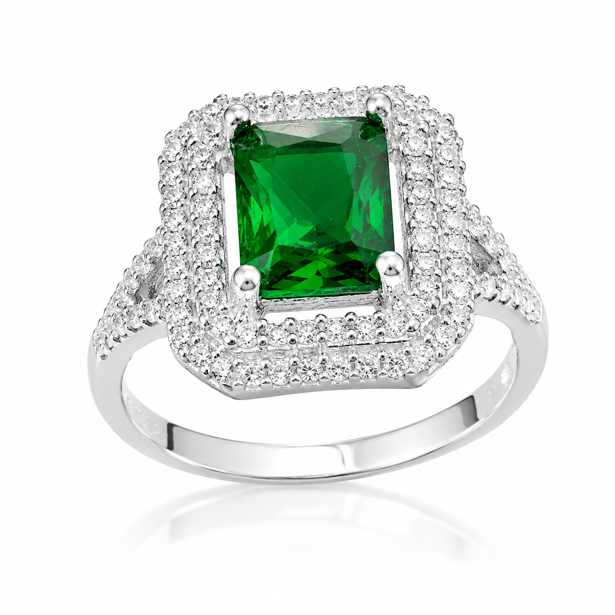 Inel din Argint 925 „Smarald Regal” – Piatră Verde Dreptunghiulară și Zirconii ID546