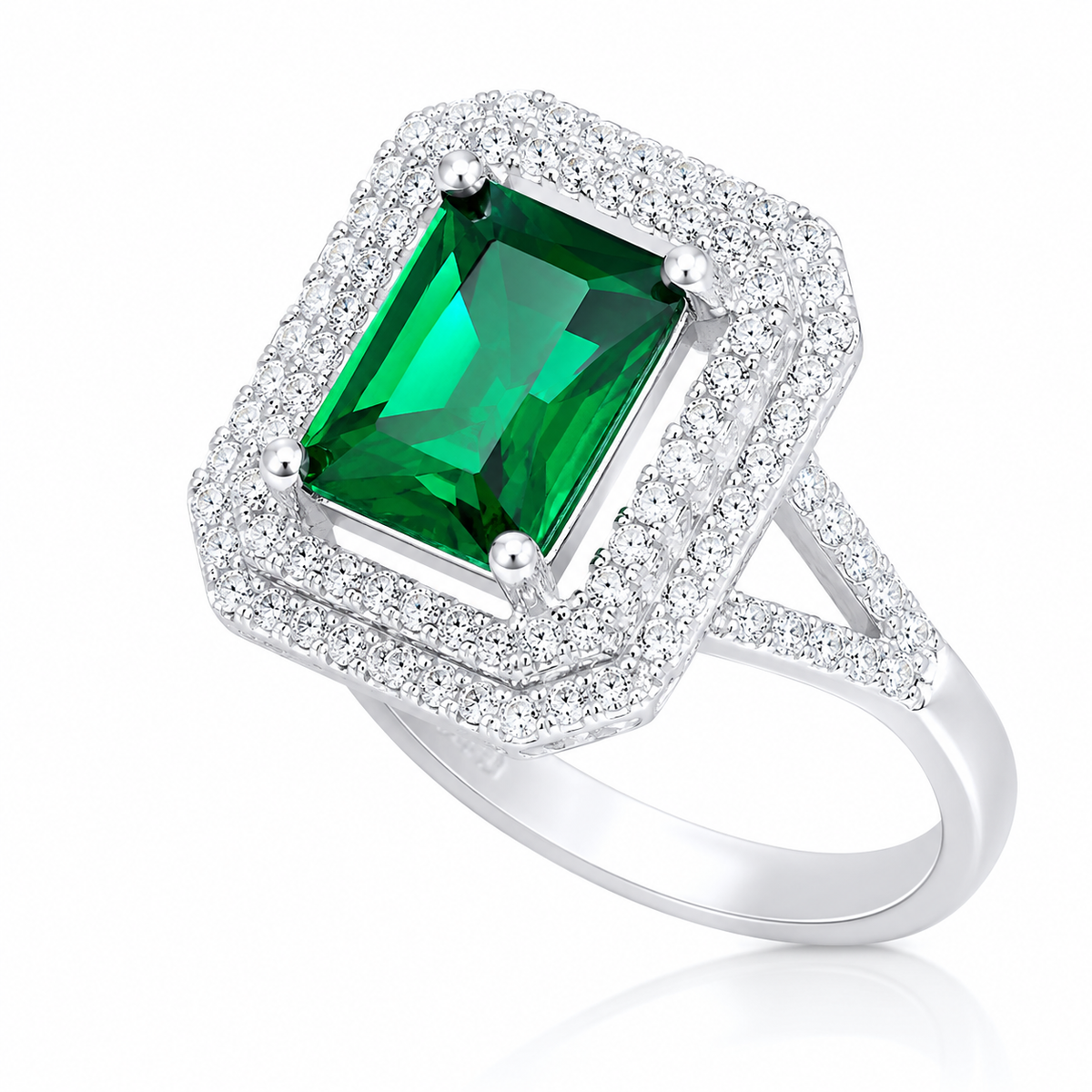 Inel din Argint 925 „Smarald Regal” – Piatră Verde Dreptunghiulară și Zirconii ID546