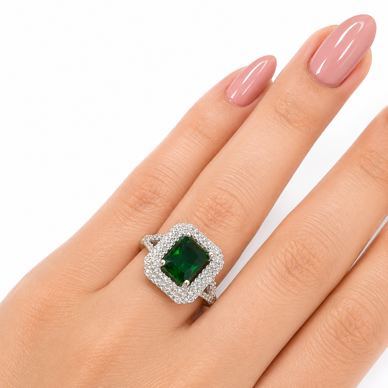 Inel din Argint 925 „Smarald Regal” – Piatră Verde Dreptunghiulară și Zirconii ID546